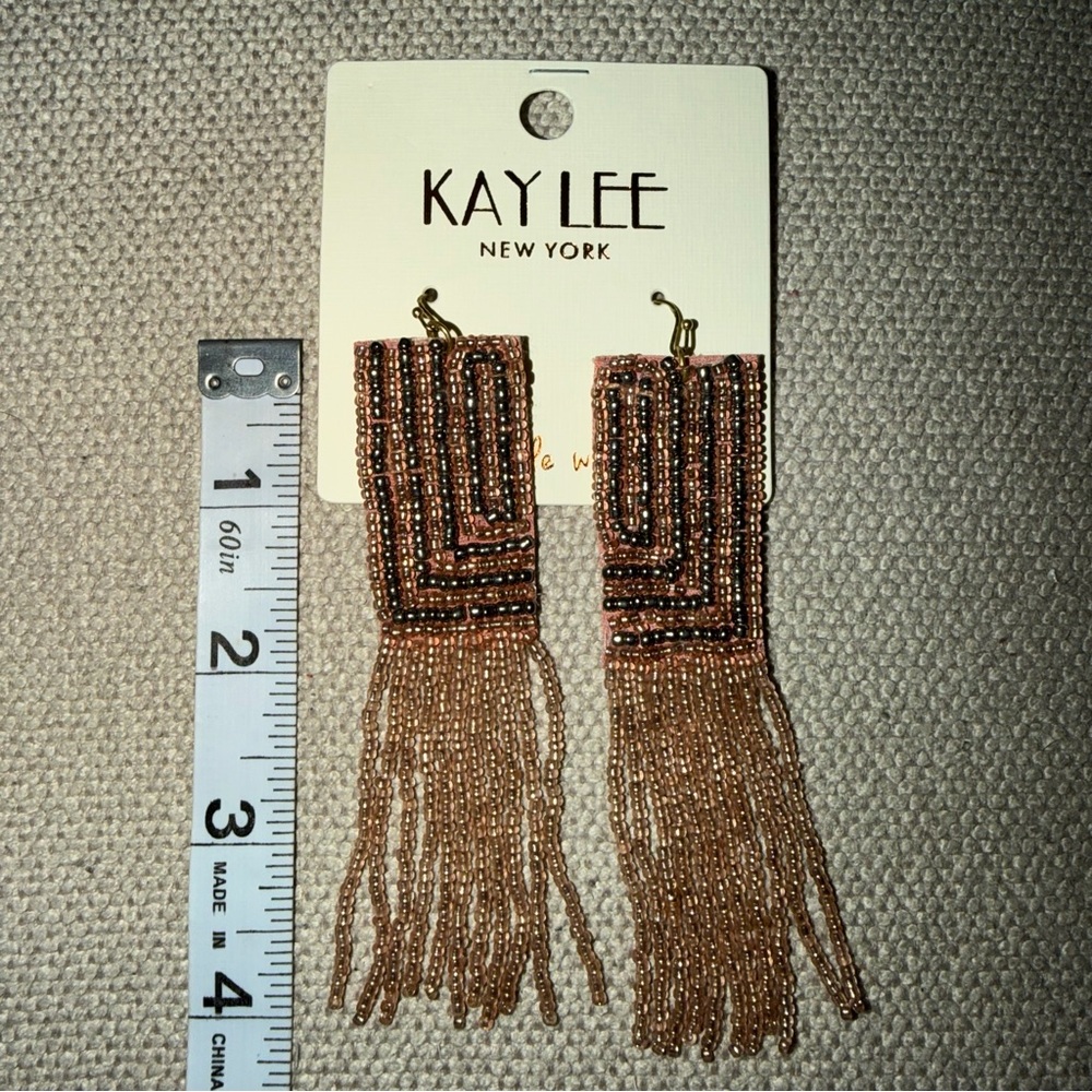 Brown Gold Rust Beaded Fringe Statement Dangle Vacay Night Out Earrings - Picture 3 of 3
